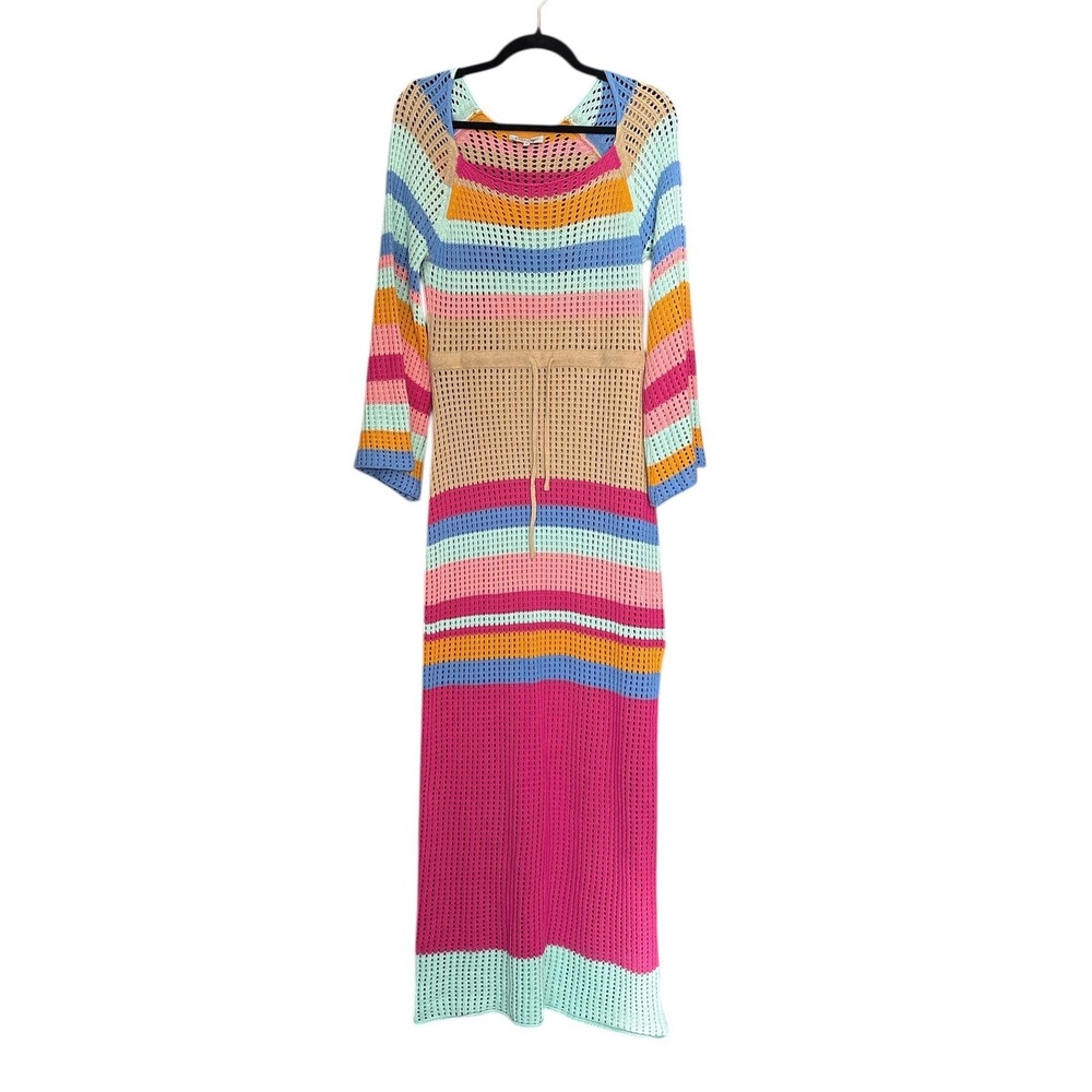 VICI x Caitlyn Multi Color Boho Striped‎ Crochet Maxi Dress Long Sleeve Medium